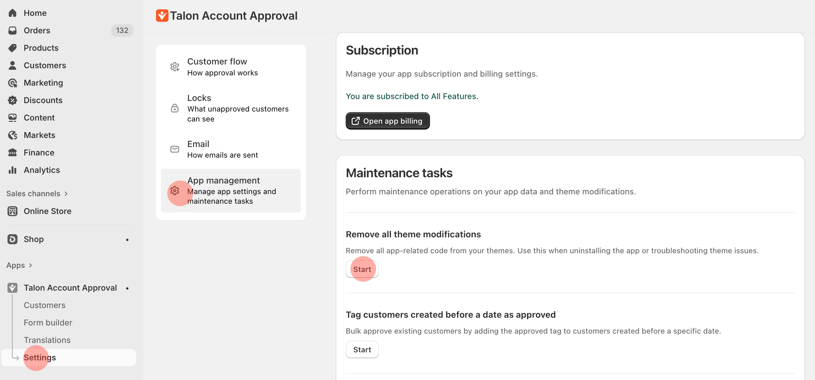App Management settings showing customer tagging options