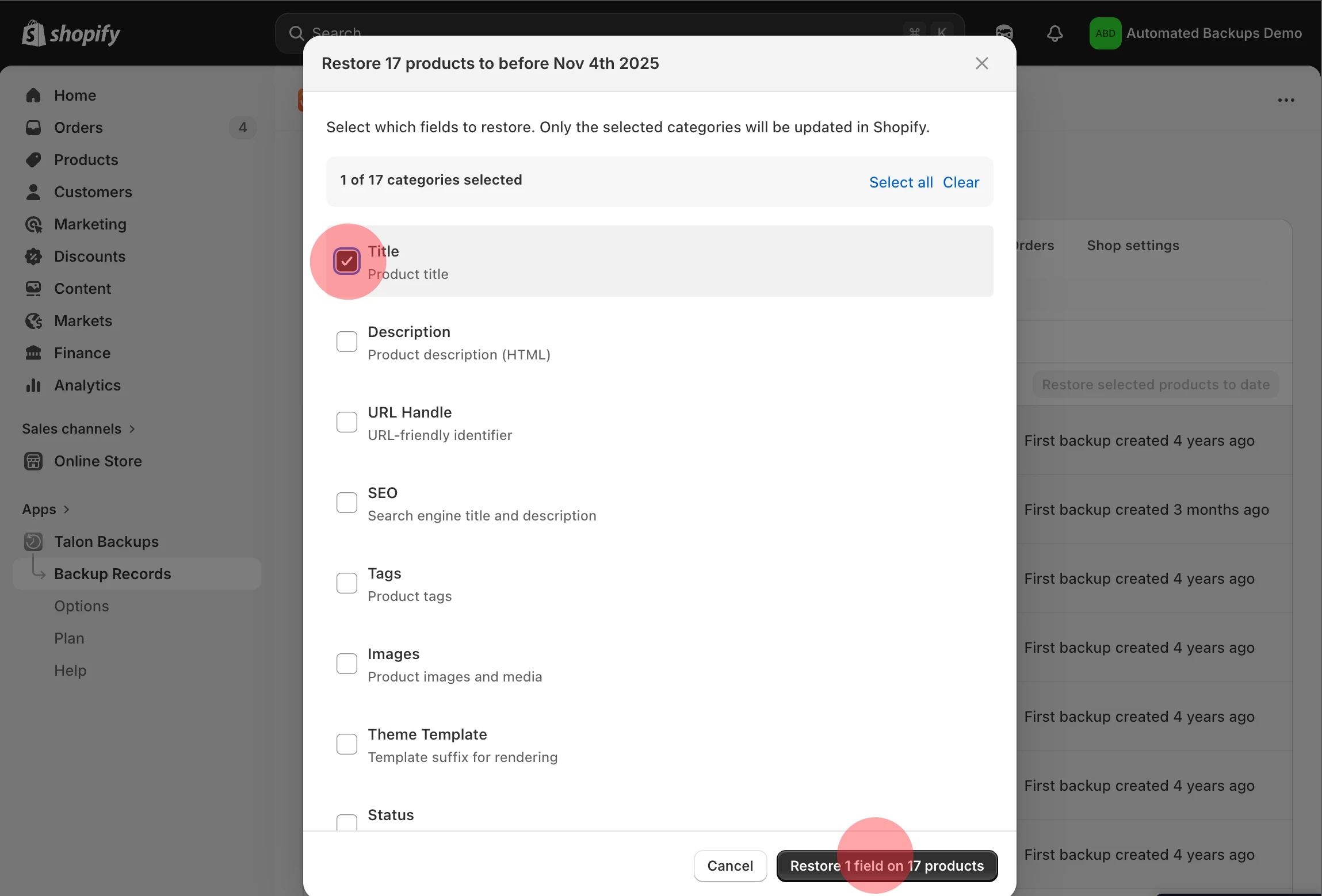 Restore all products from a specific backup date